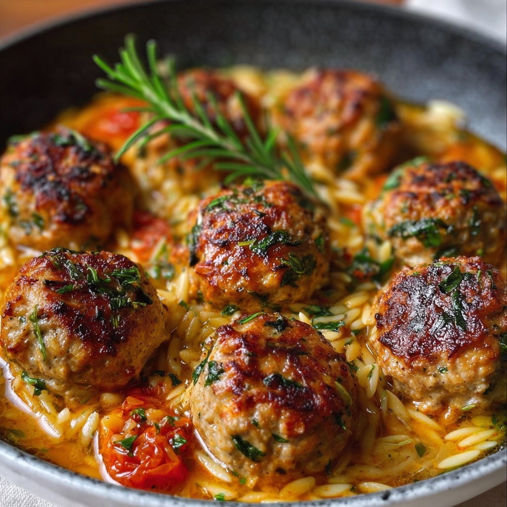 Baked Rosemary Chicken Meatballs with Tomato Orzo