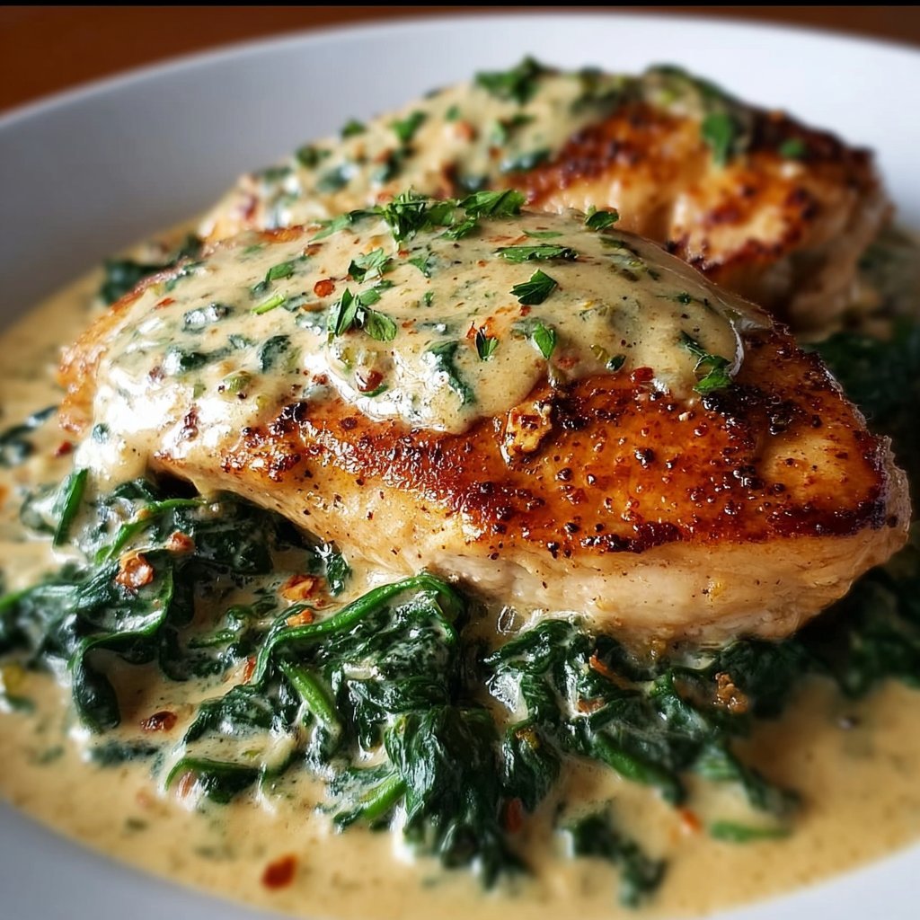 Creamy Garlic Chicken with Sautéed Spinach