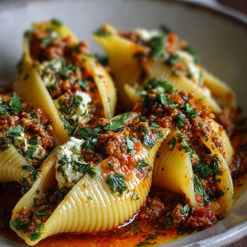Spicy Sausage Stuffed Jumbo Pasta Shells with Lemon Basil Drizzle