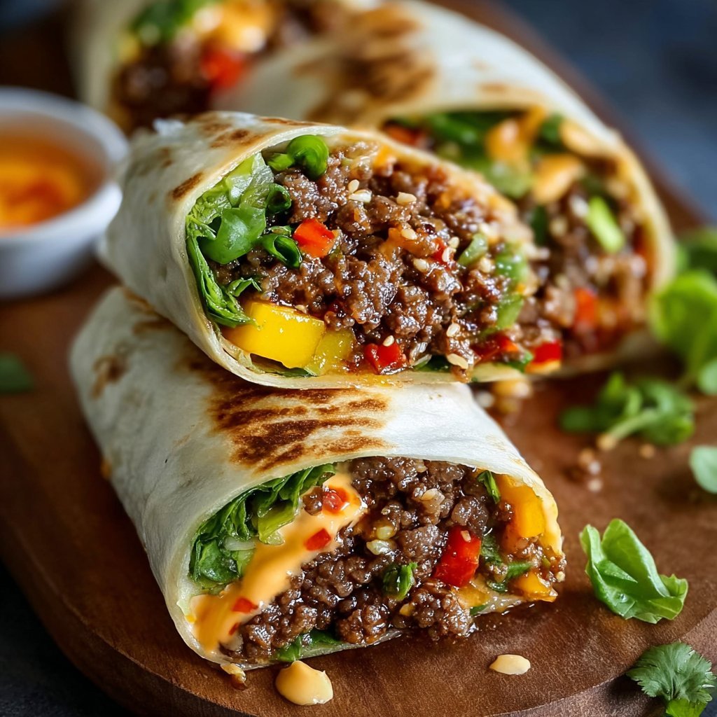 Korean Burritos with Gochujang Beef and Sriracha Mayo