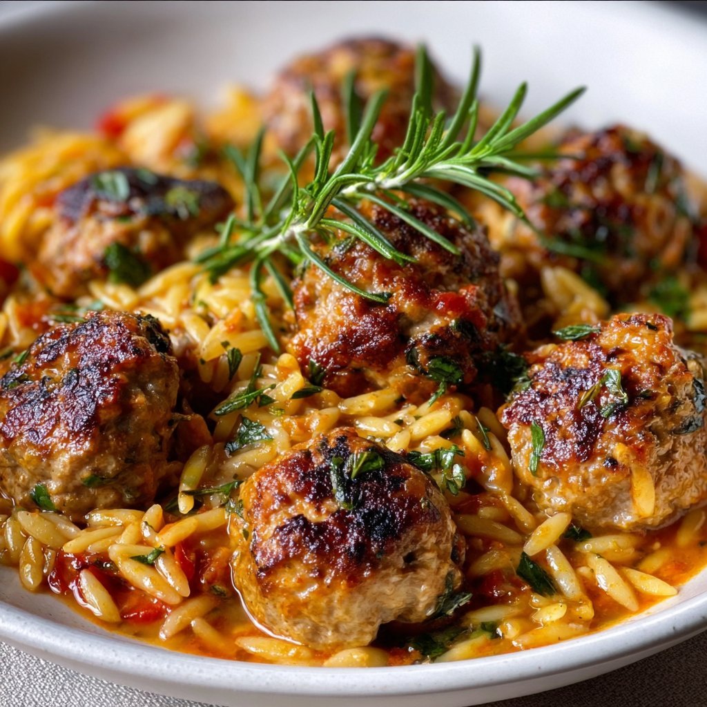 Baked Rosemary Chicken Meatballs with Tomato Orzo