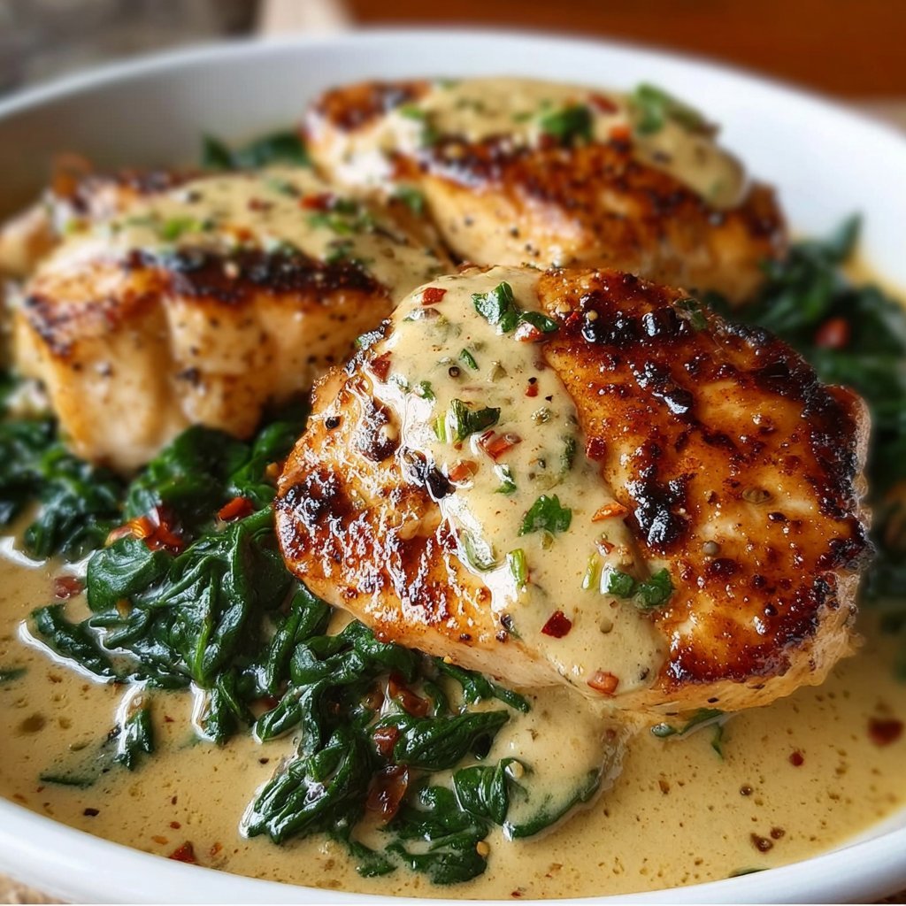 Creamy Garlic Chicken with Sautéed Spinach