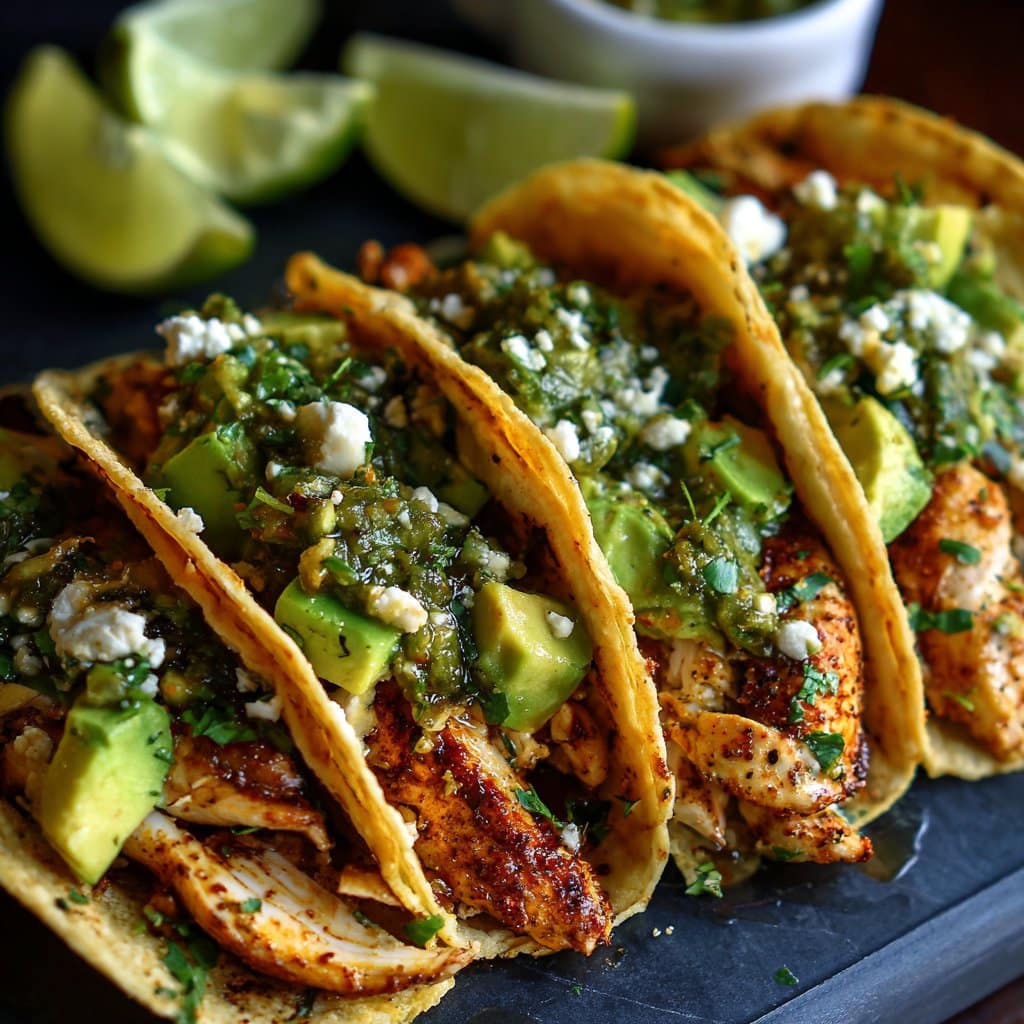 Crispy Poblano Chicken Tacos with Avocado-Jalapeño Salsa