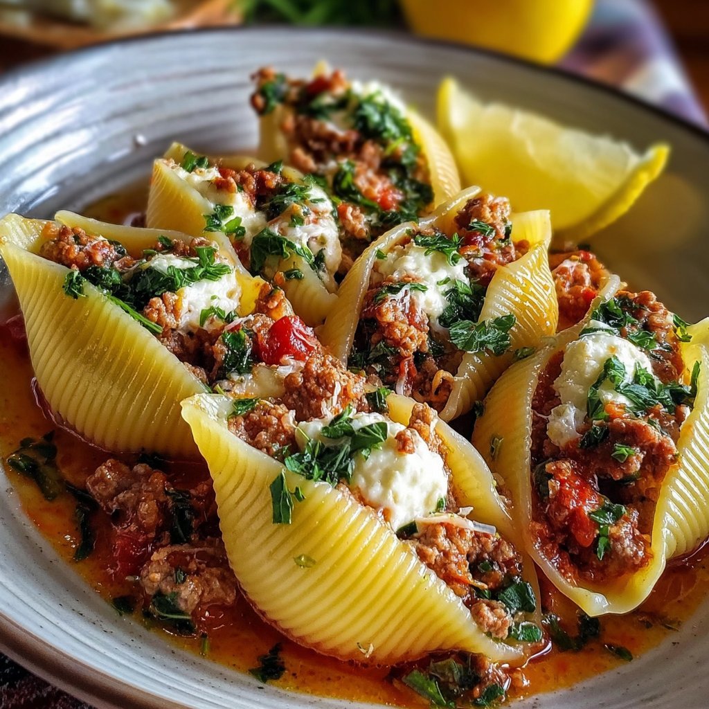 Spicy Sausage Stuffed Jumbo Pasta Shells with Lemon Basil Drizzle