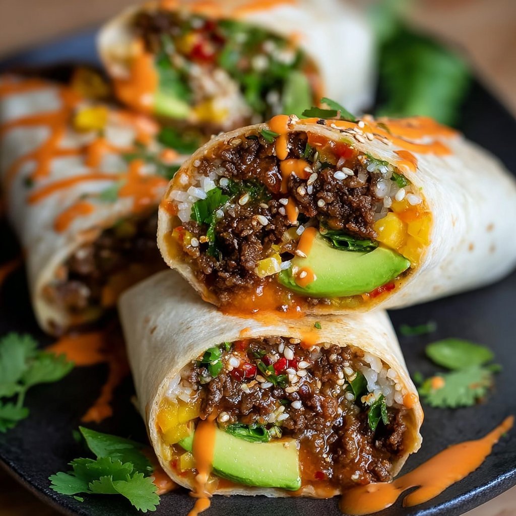 Korean Burritos with Gochujang Beef and Sriracha Mayo