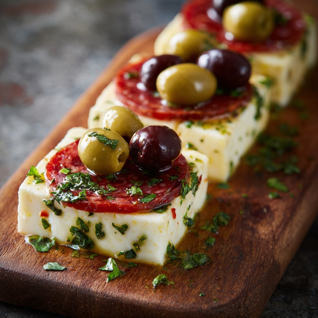 Savory Marinated Cheese Bites with Salami & Olives