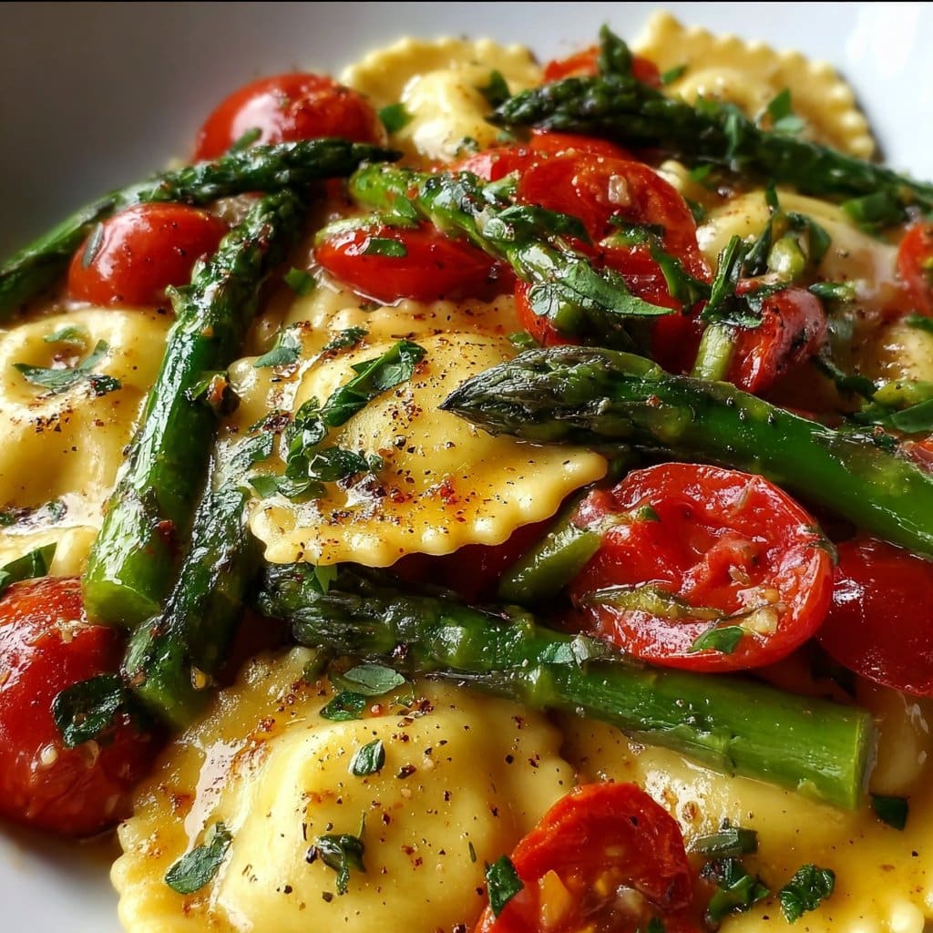 Ravioli with Tomatoes, Asparagus, Garlic, and Herbs