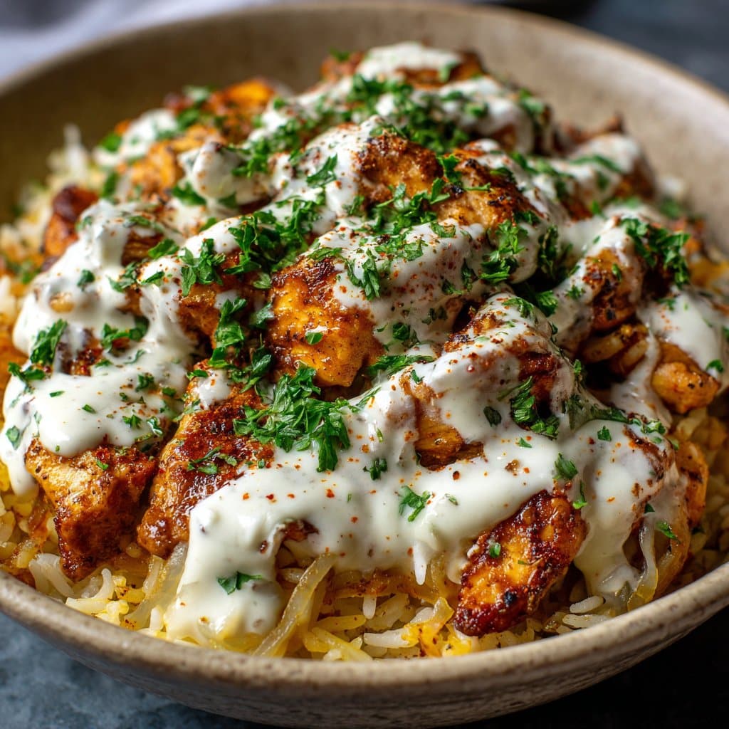 Chicken Over Rice with White Sauce and Spices