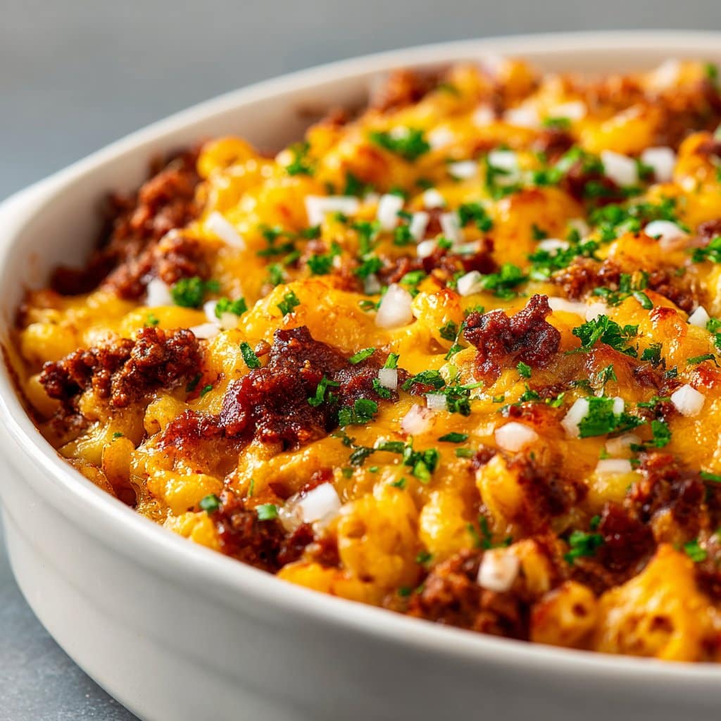 Coney Chili Mac Casserole with Cheesy Topping