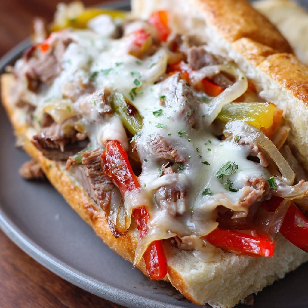 Crockpot Philly Cheesesteak with Peppers & Onions