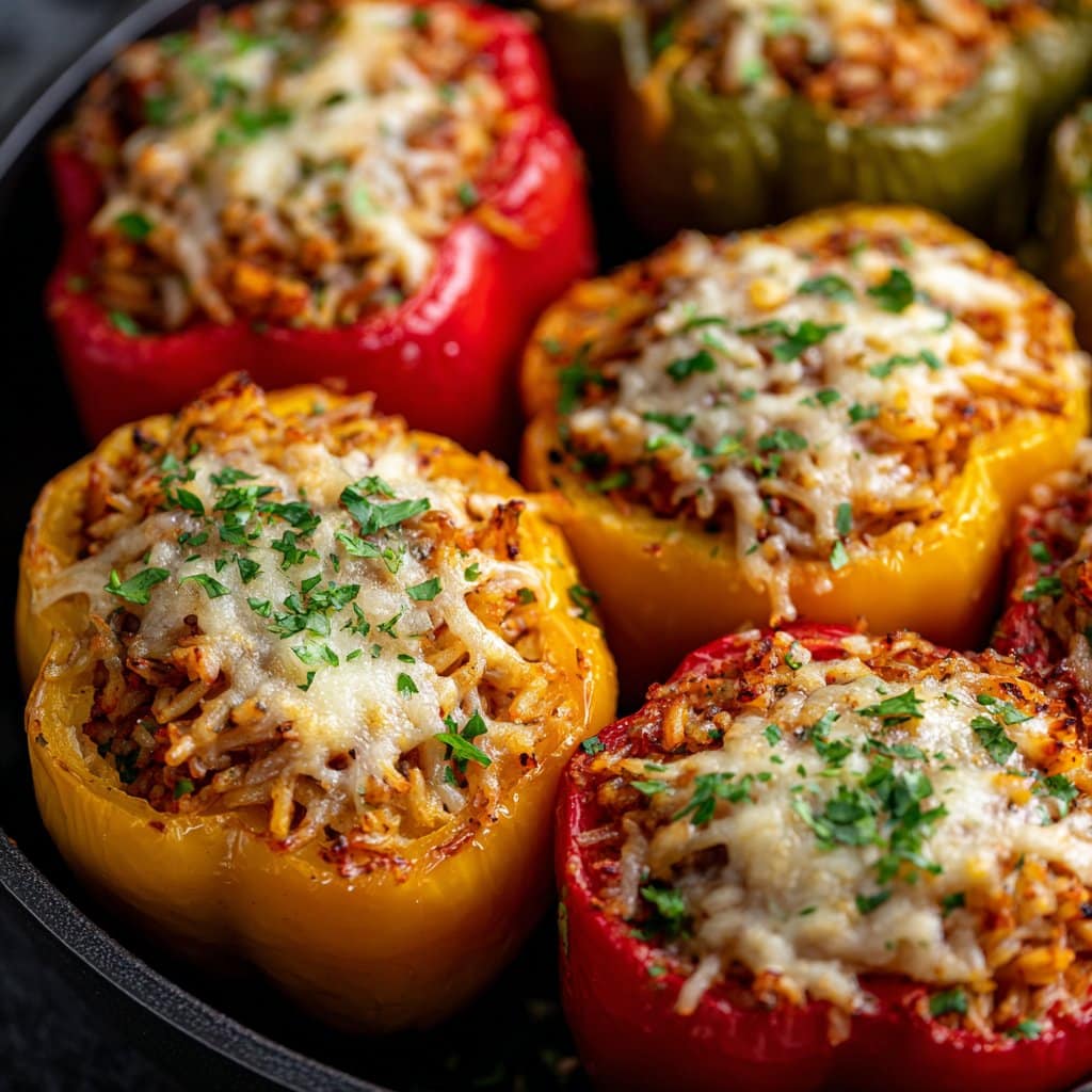 Vegetarian Stuffed Peppers with Rice and Cheese