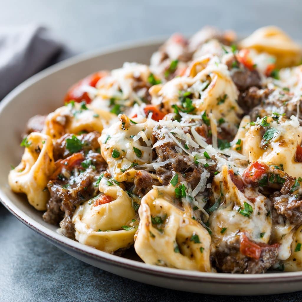 Slow Cooker Cheesesteak Tortellini Pasta