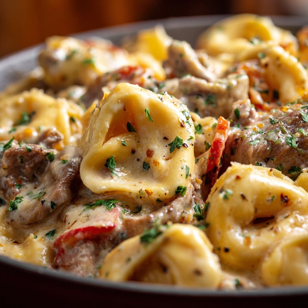 Cheesesteak Tortellini in Rich Provolone Sauce