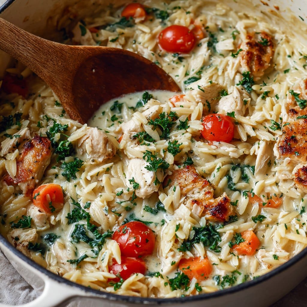 Creamy Chicken Pot Pie Orzo Skillet