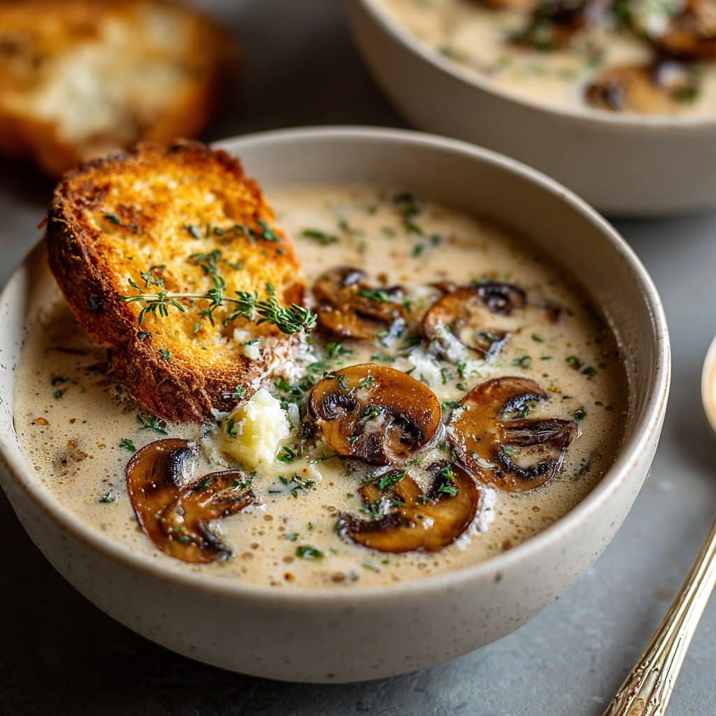Creamy Mushroom Soup with Garlic Butter