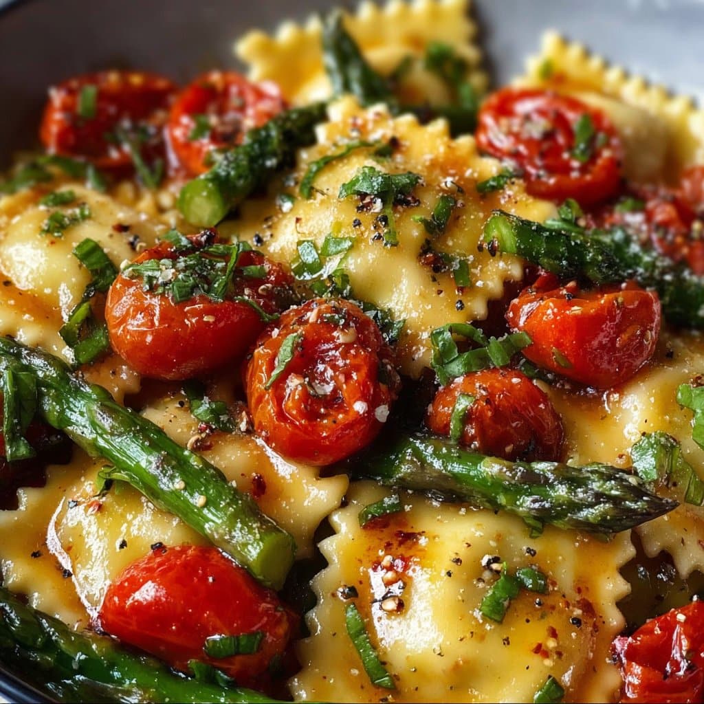 Ravioli with Tomatoes, Asparagus, Garlic, and Herbs