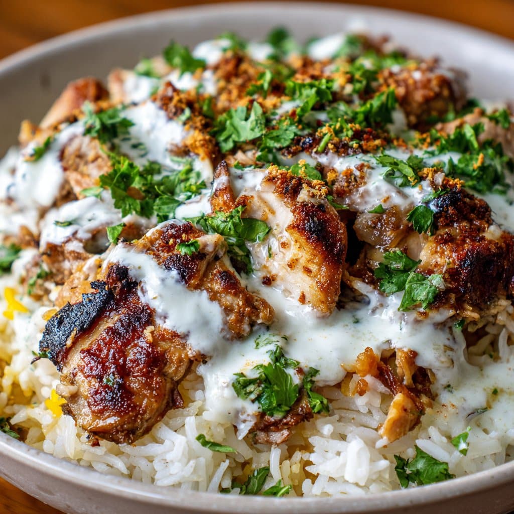 Chicken Over Rice with White Sauce and Spices