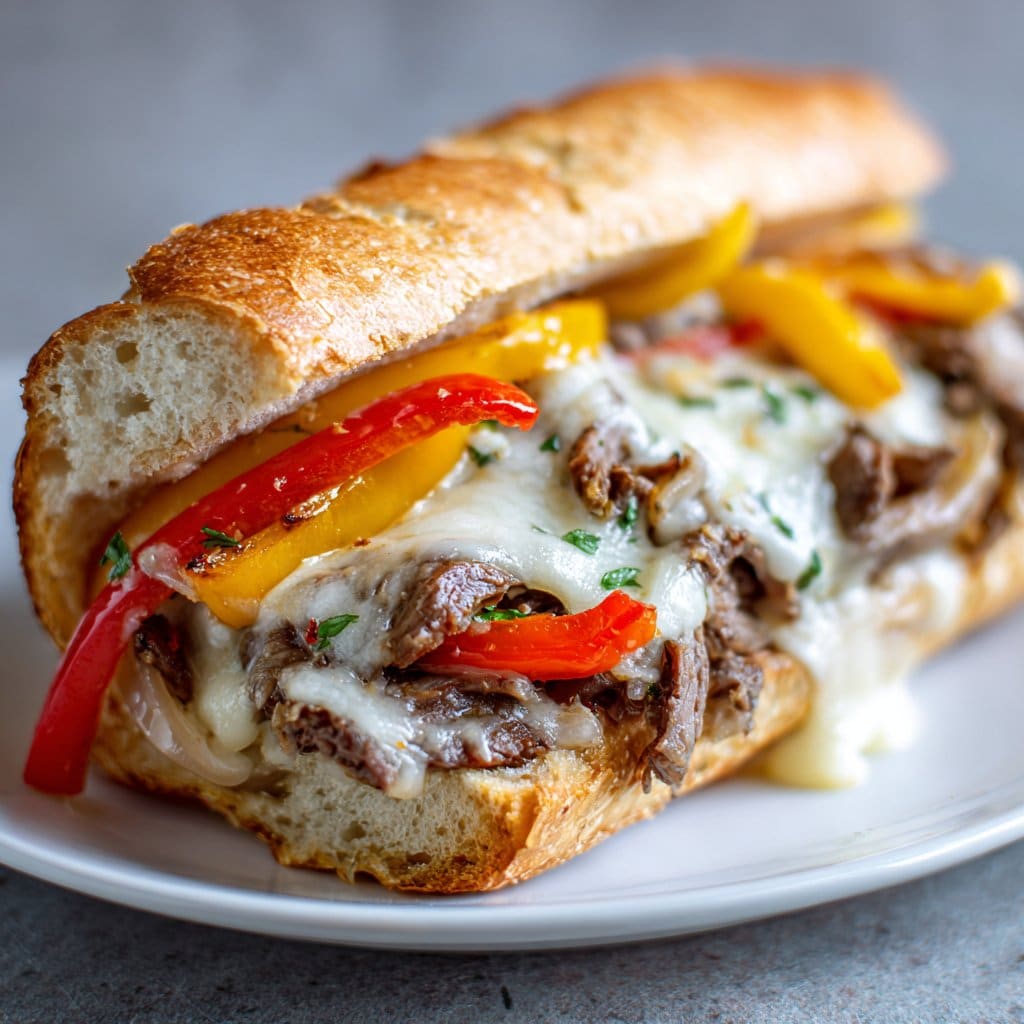 Crockpot Philly Cheesesteak with Peppers & Onions