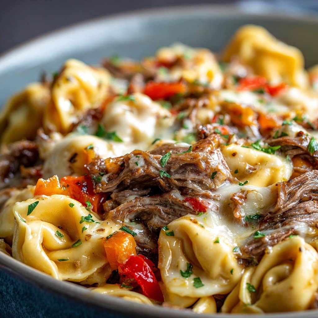 Slow Cooker Cheesesteak Tortellini Pasta