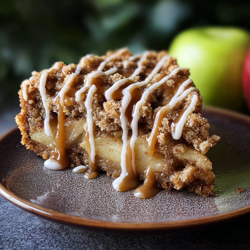 Apple Crumb Cake Topped with Cinnamon Apple Drizzle
