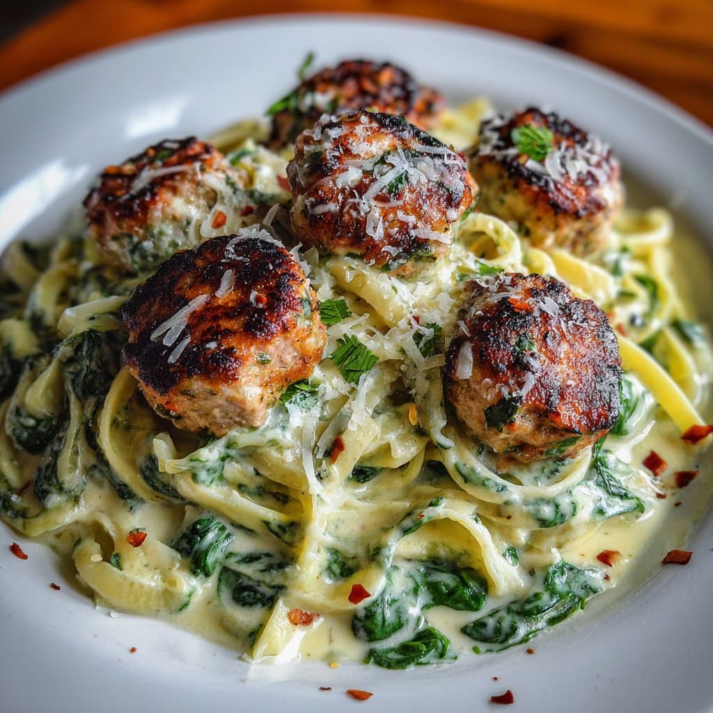 Chicken Ricotta Meatballs In Spinach Alfredo Sauce