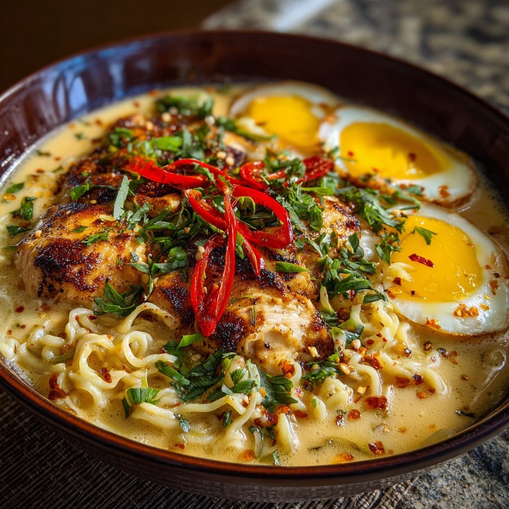 Fiery Chicken Ramen with Creamy Garlic Sauce