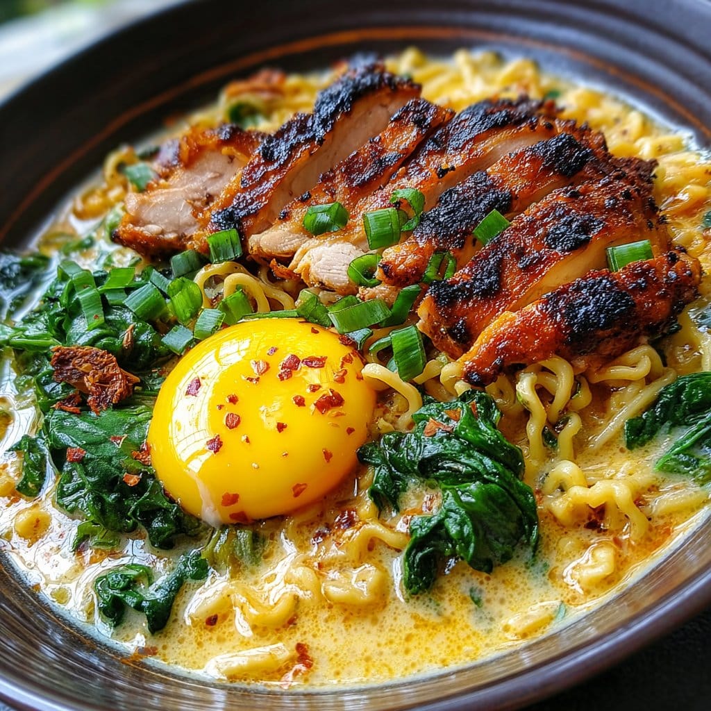 Fiery Chicken Ramen with Creamy Garlic Sauce