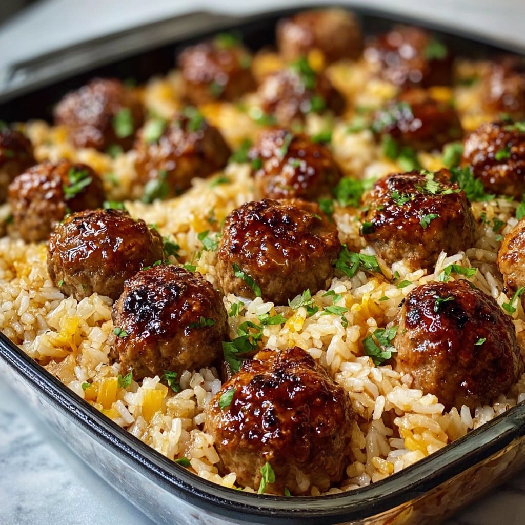 Honey Garlic Meatball Rice Bake