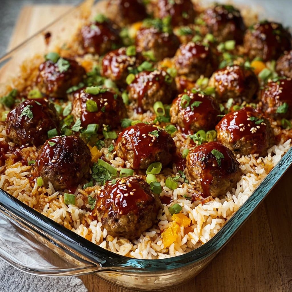 Honey Garlic Meatball Rice Bake