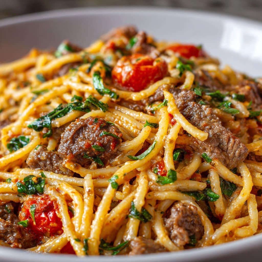 One Pot Creamy Italian Spaghetti and Beef