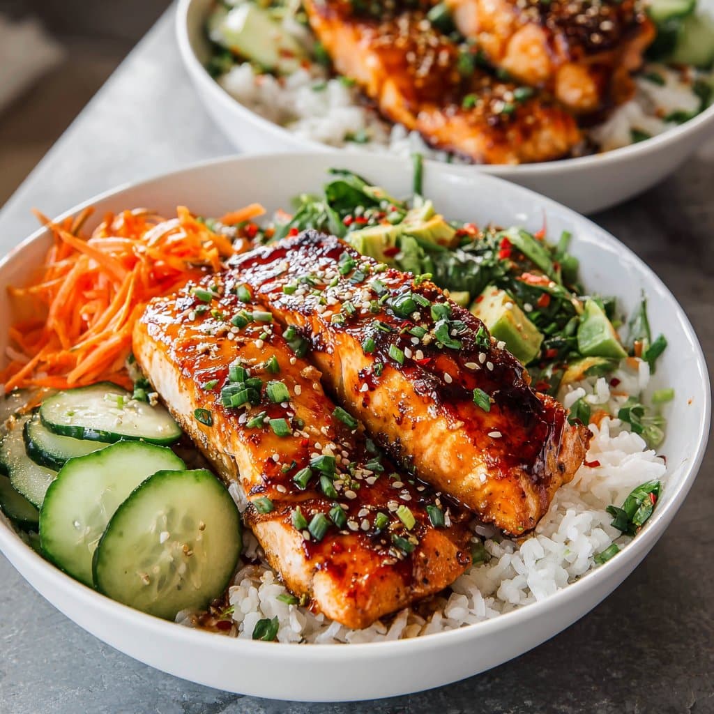 Sriracha Honey Salmon Bowls with Rice