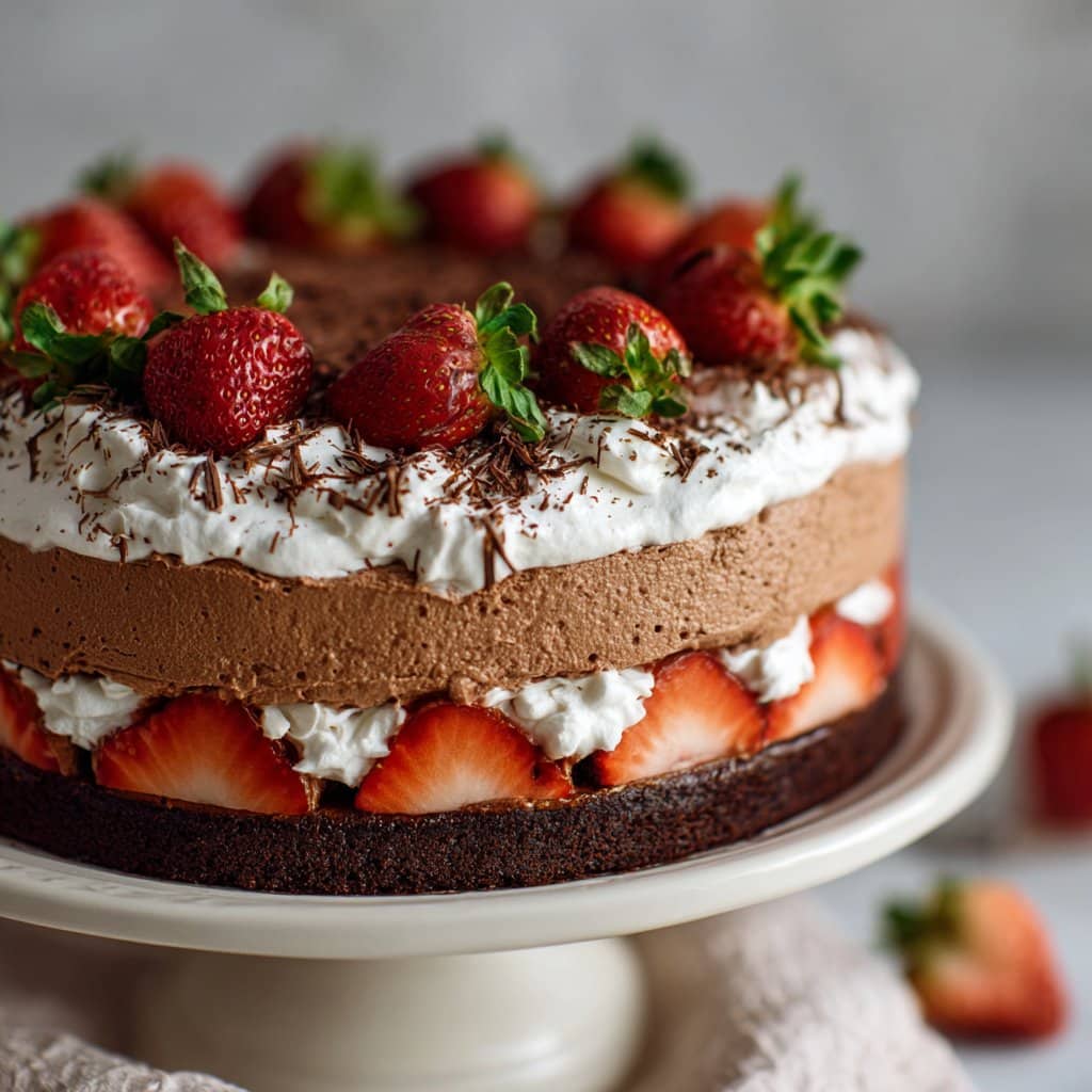 Chocolate Whipped Cream Cake with Strawberries