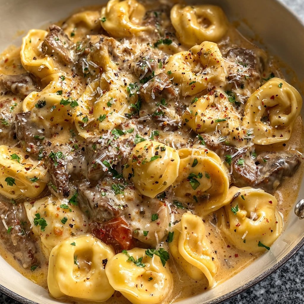 Cheesesteak Tortellini in Creamy Provolone Sauce
