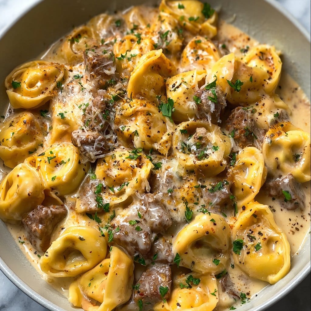 Cheesesteak Tortellini in Creamy Provolone Sauce