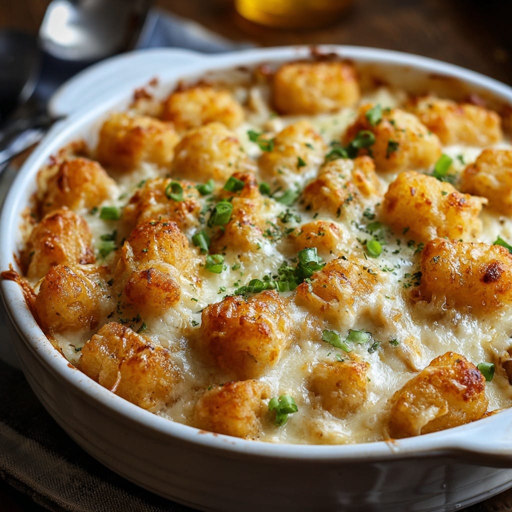 Cozy Comforting Chicken Alfredo Tater Tot Casserole
