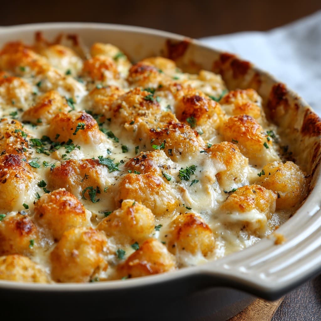 Cozy Comforting Chicken Alfredo Tater Tot Casserole