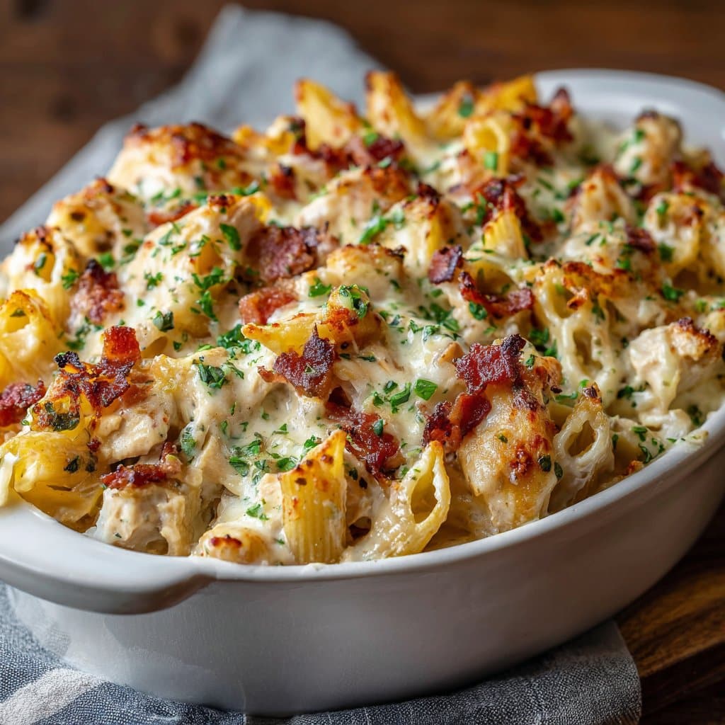 Easy Creamy Chicken Bacon Ranch Pasta Bake