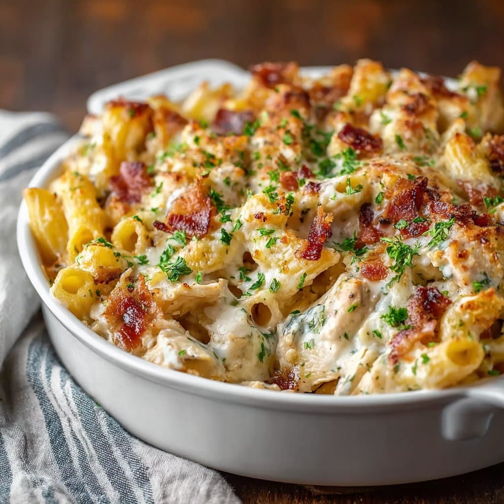 Easy Creamy Chicken Bacon Ranch Pasta Bake