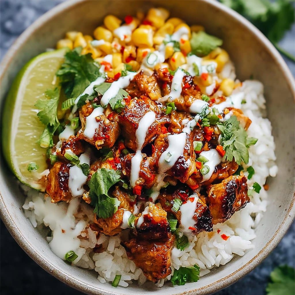 Flavorful Sweet Chili Chicken Bowl Topped with Creamy Coconut Lime Drizzle