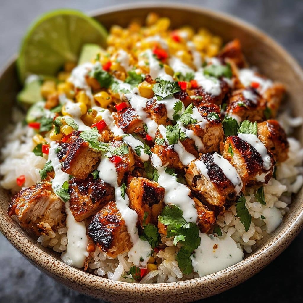 Flavorful Sweet Chili Chicken Bowl Topped with Creamy Coconut Lime Drizzle