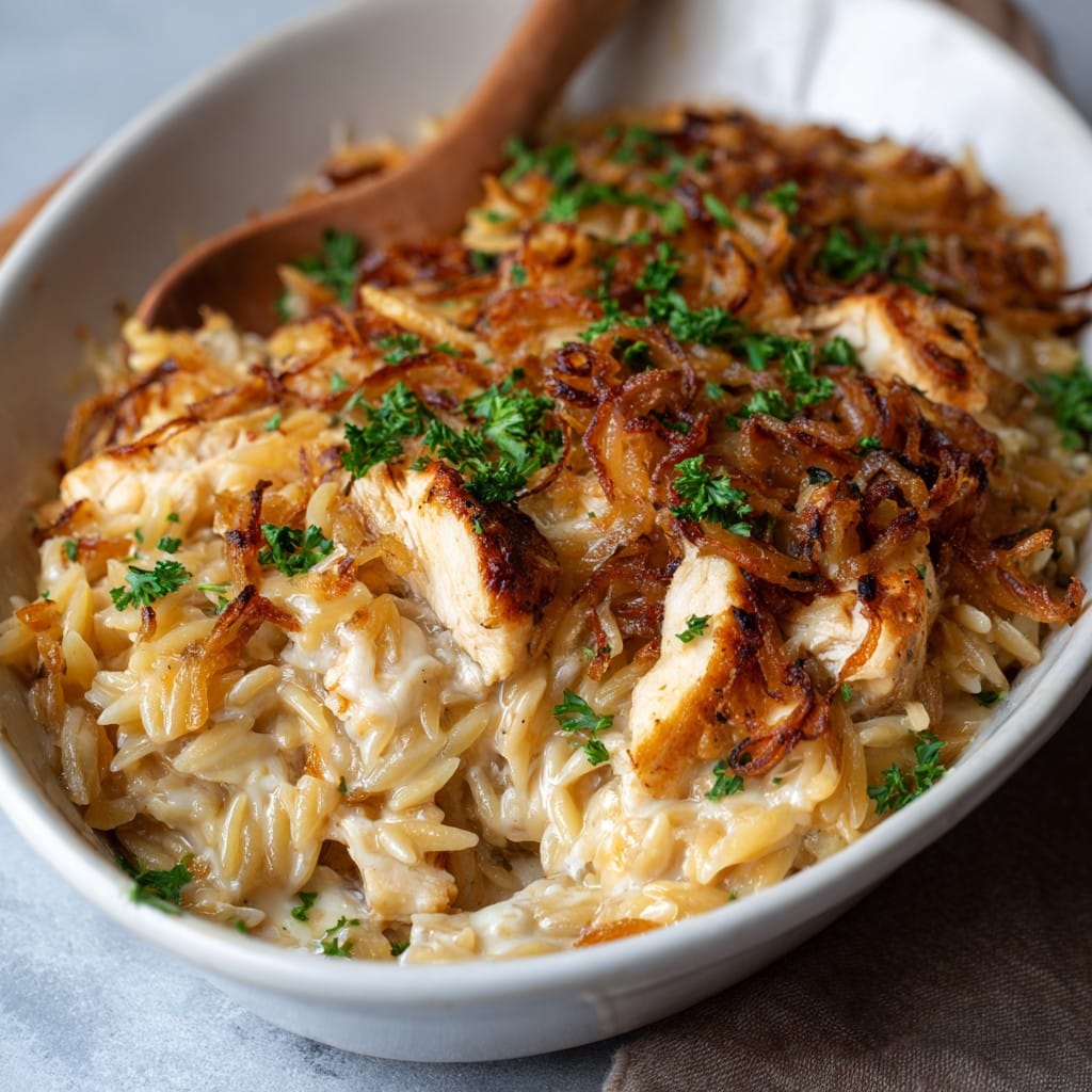 French Onion Chicken Orzo Casserole