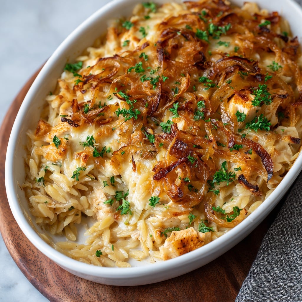 French Onion Chicken Orzo Casserole