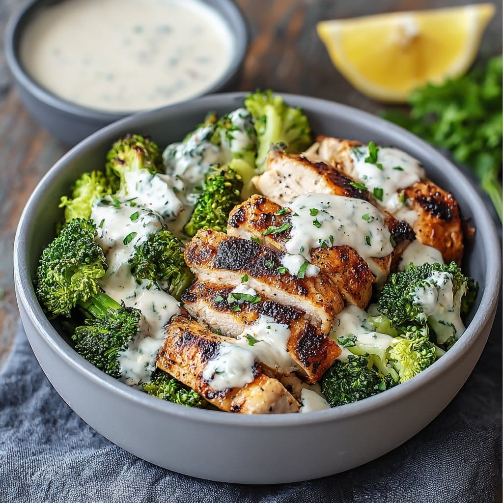 Grilled Chicken & Broccoli Bowls with Creamy Garlic Sauce