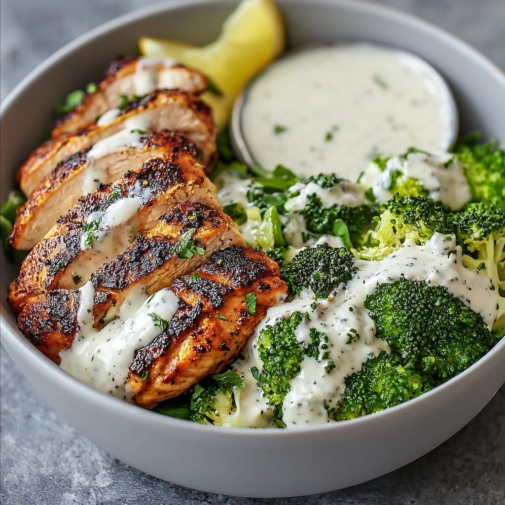Grilled Chicken & Broccoli Bowls with Creamy Garlic Sauce