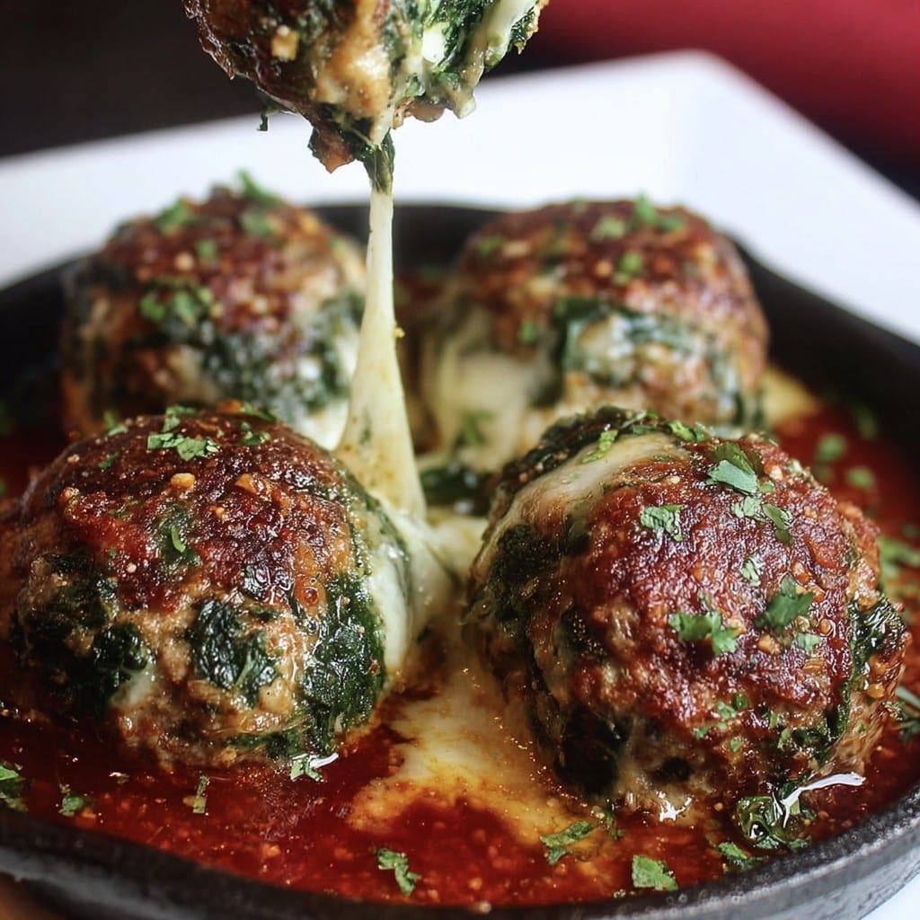 Spinach Garlic Meatballs Stuffed with Mozzarella