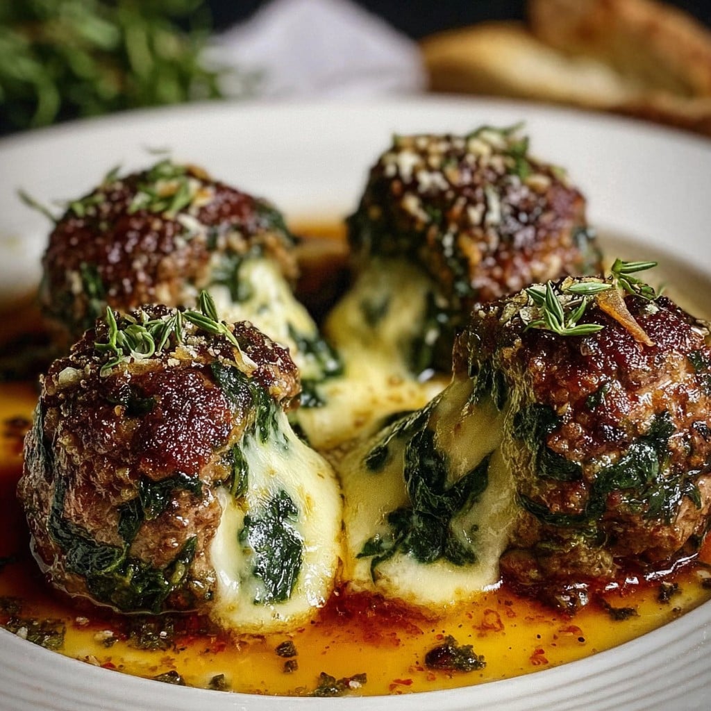 Spinach Garlic Meatballs Stuffed with Mozzarella