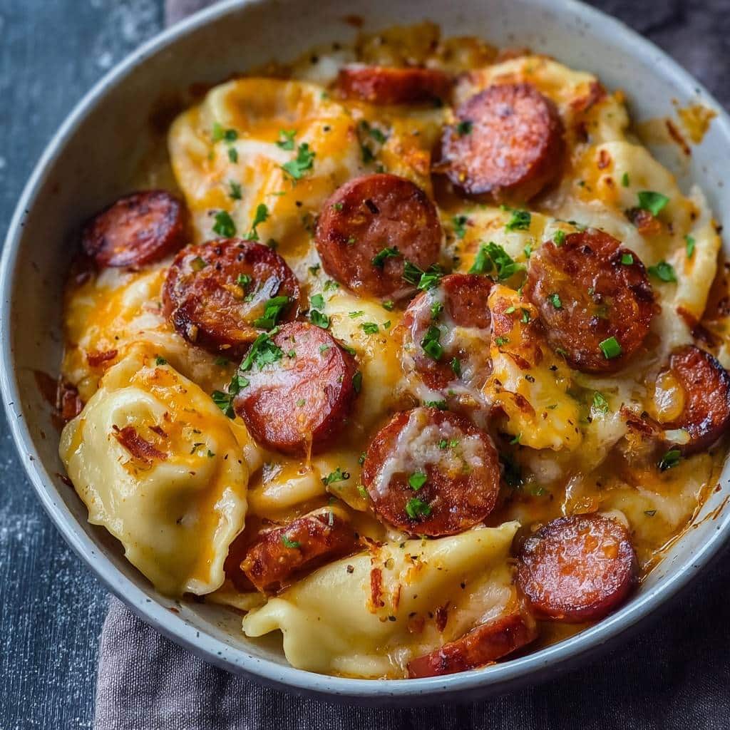 THE BEST Crockpot Pierogi Casserole with Kielbasa