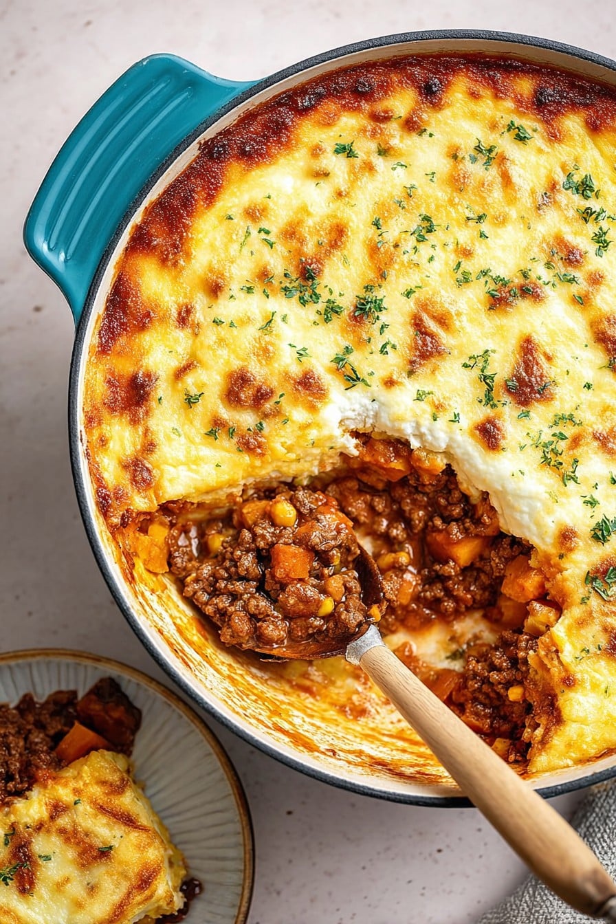 A delicious, irresistible picture of Cottage Cheese, Ground Beef and Sweet Potato Casserole
