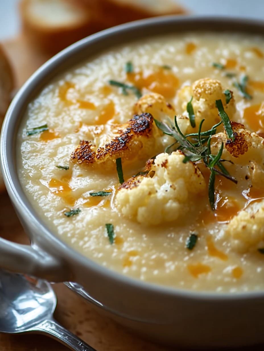 Creamy Cheddar Cauliflower & Roasted Garlic Soup Recipe