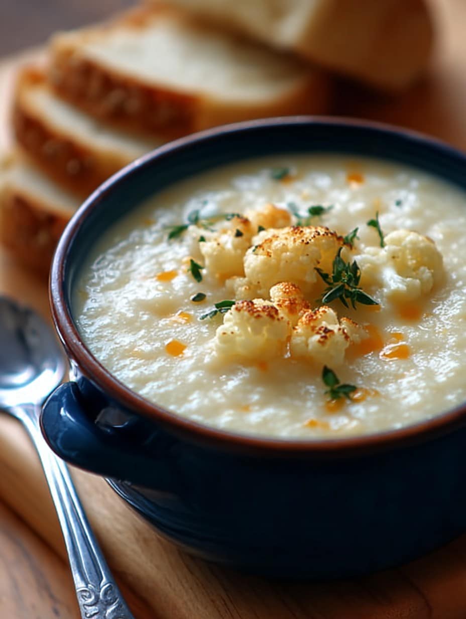 Creamy Cheddar Cauliflower & Roasted Garlic Soup Recipe